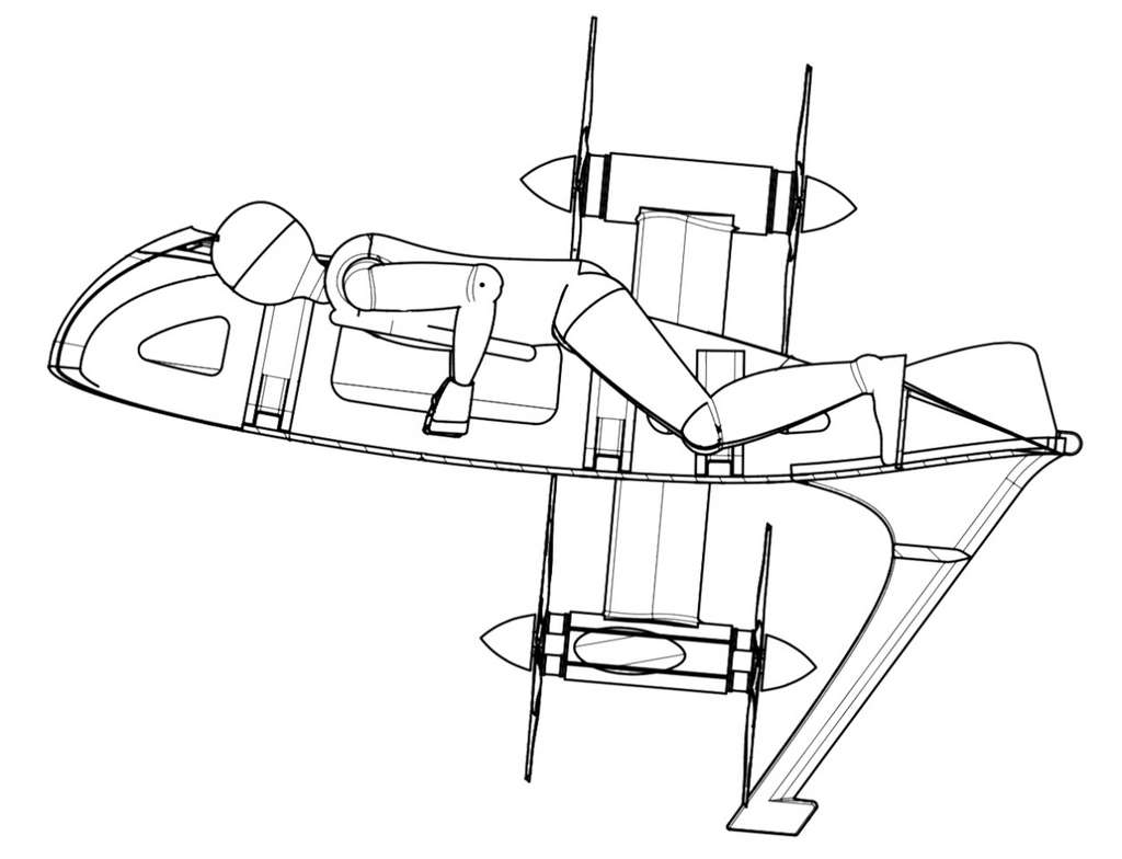 Le passager du Zeva Zero vole à l’horizontale comme Superman. © Zeva Aero