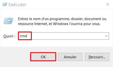 Exécutez « cmd » afin de démarrer l’invite de commandes. © Microsoft