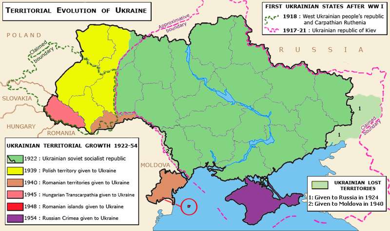 L'évolution du territoire ukrainien après la Première Guerre mondiale. © Spiridon Ion Cepleanu, Wikimedia Commons, CC by 3.0