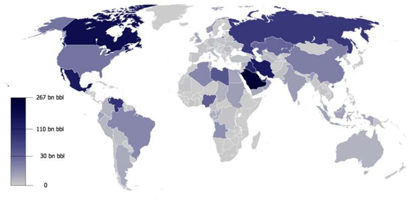 Afin de prévenir la pénurie de pétrole, les chimistes se tournent vers le végétal. Sur cette carte, les réserves mondiales de pétrole en 2010 de 0 à 267 x 109 barils par jour (bn bbl). © HêRø, Wikipédia DP