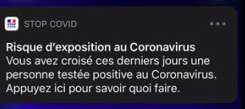 Pour fonctionner, StopCovid active les notifications, et voici le message qui apparaît lorsqu'on est resté en contact avec une personne contaminée © StopCovid Pour fonctionner, StopCovid active les notifications, et voici le message qui apparaît lorsqu'on est resté en contact avec une personne contaminée © StopCovid