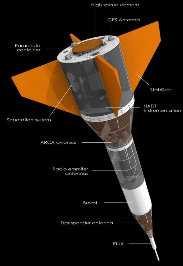 Le DTV d'Arca (Drop Test Vehicle) qui sera utilisé pour tester le parachute des modules de descente d'ExoMars 2016 et 2018. © Arca