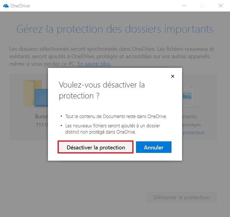 Confirmez la désactivation de la protection du dossier de votre choix. © Microsoft