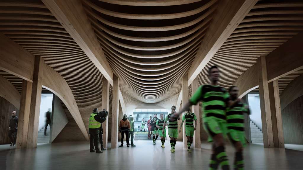 L'Eco Park Stadium est durablement esthétique et neutre en carbone. © Courtesy of Zaha Hadid Architects, Negativ