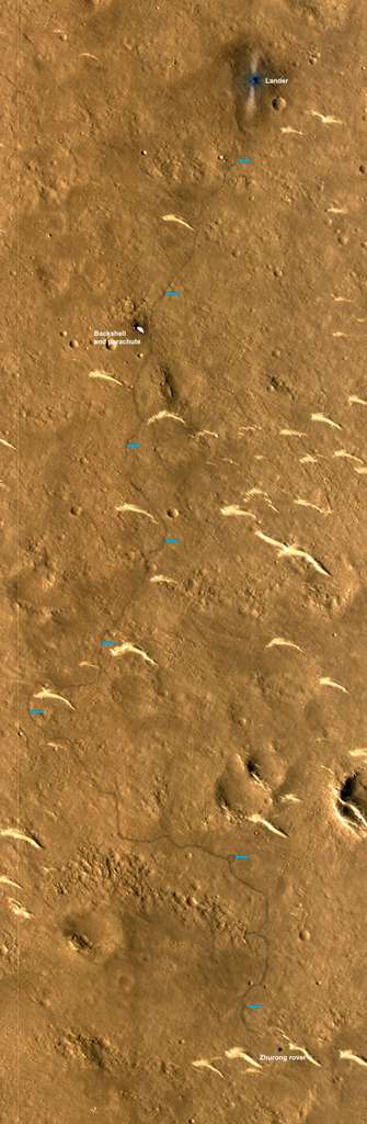 Les traces de roues du rover immortalisées depuis l'orbite martienne par le Mars Reconnaissance Orbiter. © Nasa/JPL/CalTech/UArizona