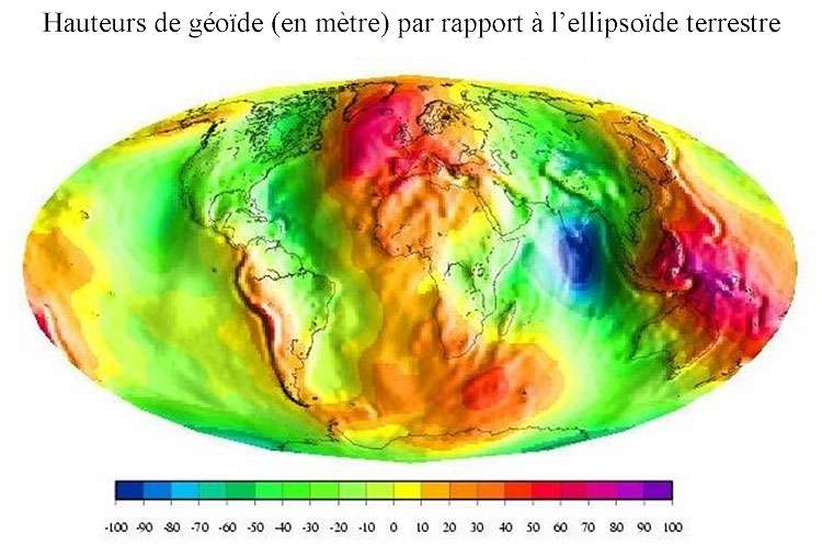 Hauteur du géoïde en mètres par rapport à l’ellipsoïde de référence. © Cnes, GRGS, CNRS