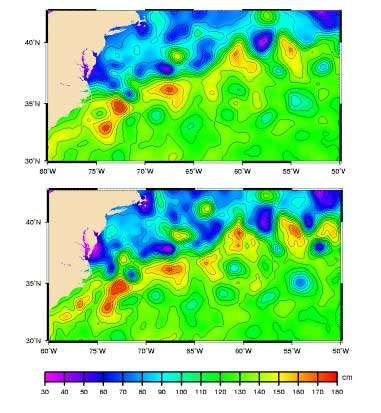 Topographie dynamique dans la région du Gulf Stream, le 5 décembre 1999. À gauche, données T/P seules, à droite T/P + ERS. On observe une bien meilleure résolution des tourbillons, nombreux dans ce courant. © Aviso