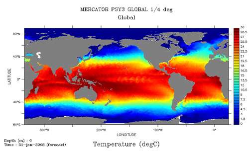 Cliquez pour agrandir. Fig. : 13 - Prévision de la température de surface des océans pour le 31 janvier 2006 faite le 18 Janvier par Mercator-Océans