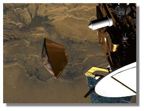 Largage Beagle : le 20 décembre Beagle-II est largué de Mars Express. Il faudra cependant 5 jours avant qu'il n'atteigne Mars après une croisière autonome et non pilotée. © ESA