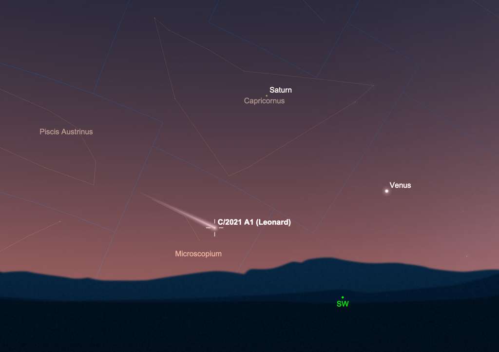 Position de la comète Leonard le 22 décembre vers 18 h, une heure après le coucher du Soleil. Basse sur l'horizon, il devient plus difficile de l'observer. © SkySafari