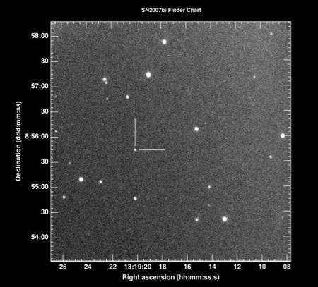 Sur cette photo, la supernova SN 2007bi est située à l'intersection des barres blanches. © Dave Young