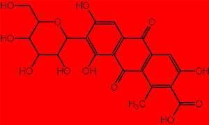Carminic acid : formule et couleur. © DR