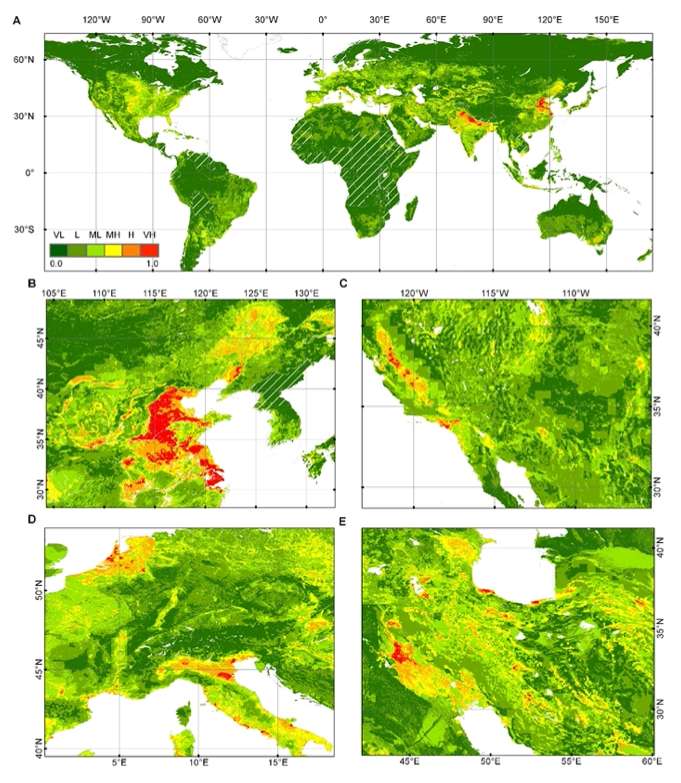 Probabilité d’affaissement du sol en 2040 pour le monde et quelques régions (B : Asie du Sud-Est, C : Amérique du Nord, D : Europe, E : Moyen-orient). © D’après Gerardo Herrera-García et al, Science, 2021