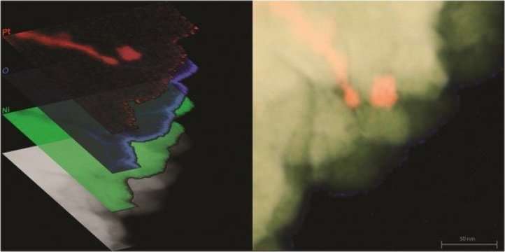 Vue au microscope électronique à transmission d'un composite nickel-platine utilisé pour l'expérience de thermoélectricité à l'université d'État de l'Ohio. L'image de gauche est une coloration de l'originale (à droite), où le rouge indique le platine tandis que le nickel apparaît en vert et l'oxygène en bleu. © Image d'Isabel Boona, OSU Center for Electron Microscopy and Analysis, image de gauche de Renee Ripley, The Ohio State University