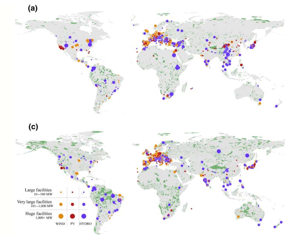 Plus d’un quart des centrales éoliennes, solaires et hydroélectriques (respectivement en orange, rouge et violet) empiètent sur les zones clés de biodiversité ou des espaces naturels protégés (en vert). © José Rehbein et al, Global Change Biology, 2020