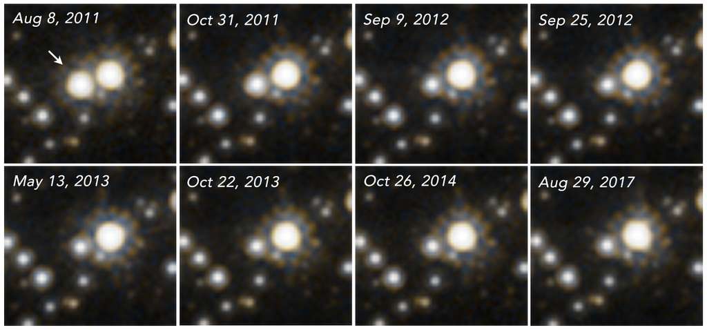 Observations de MOA-11-191/OGLE-11-0462 par Hubble de 2011 à 2017. L'étoile source est marquée par une flèche dans l'image de la première époque (en haut à gauche). Lors de celle-ci, le 8 août 2011, l'amplification était d'un facteur ∼12. La déflexion astrométrique maximale s'est produite aux époques 3 et 4, lorsque l'amplification photométrique n'était que d'environ 10 %. En 2017, la source était revenue très près de sa luminosité non amplifiée et de sa position non déviée. © Sahu et al., 2022