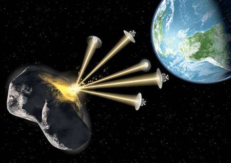 Plutôt que de vaporiser la surface d'un astéroïde à l'aide du rayonnement d'une explosion nucléaire rapprochée, il a été proposé d'utiliser un essaim de satellites équipés de lasers. La matière vaporisée et éjectée provoquerait alors sa déviation. © The Planetary Society