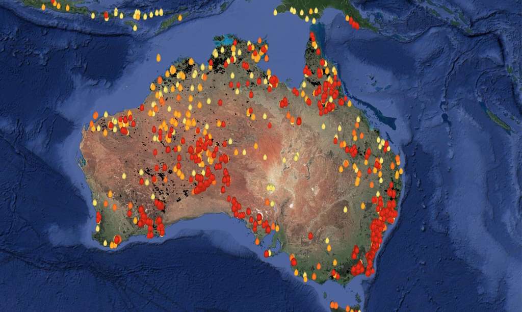 Incendies déclarés en Australie depuis le début de l'été austral en 2019. © Nasa, TerraMetrics, LandGate