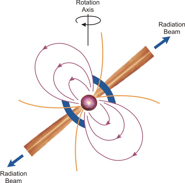 Illustration du principe d'un pulsar, étoile à neutron magnétisée en rotation. On observe les lignes de champs magnétiques le long desquelles les électrons se déplacent, l'émission de rayonnement électromagnétique se faisant vers les pôles. Source NASA.