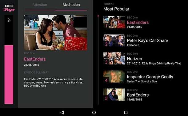 L’application BBC iPlayer contrôlée par la pensée incorpore une barre de progression sur le côté gauche de l’interface qui symbolise le niveau de concentration ou de méditation, selon l’option choisie par l’utilisateur. Lorsque cet état cérébral atteint un certain niveau, le programme que la personne souhaite regarder est lancé. © BBC