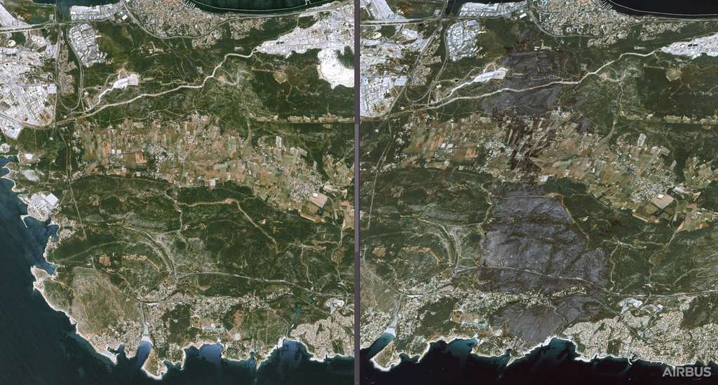 Images satellites avant-après sur la zone de Martigues, touchée par un important feu de forêt les 4 et 5 août. © Cnes 2020, Distribution Airbus DS