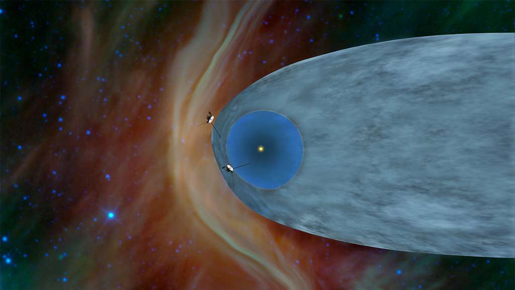 Une vue d'artiste montrant le sonde Voyager 1 sortant de l'héliopause. Voyager 2 le fera aussi un jour. © Nasa, JPL-Caltech