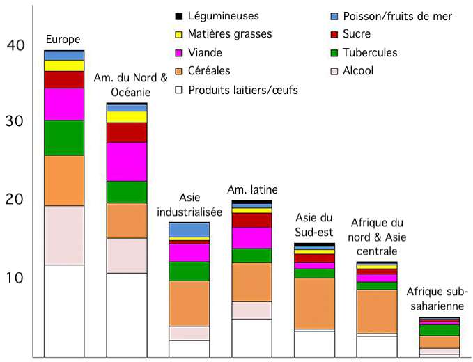 Le poids (en milliards de tonnes) de nourriture consommée en excès. L’Europe est la région qui surconsomme le plus de denrées alimentaires. © C.D, d’après Elisabetta Toti et al, Frontiers in Nutrition, 2019