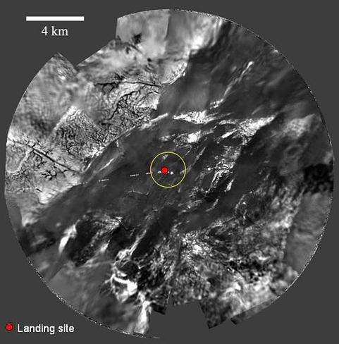 Image du site d'atterrissage de la sonde Huygens On y voit l'alternance de zones claires et de zones sombres (Crédits : ESA)