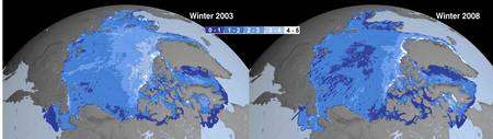Comparaison des épaisseurs de la banquise en hiver, en 2003 et en 2008 (cliquer pour agrandir). La couleur indique l'épaisseur, de bleu foncé pour 0 à 1 mètre jusqu'à blanc, pour plus de 4 mètres. On voit clairement apparaître en 2008 des zones de moins d'un mètre au centre de la banquise arctique. © Nasa/JPL (montage Futura-Sciences) Comparaison des épaisseurs de la banquise en hiver, en 2003 et en 2008 (cliquer pour agrandir). La couleur indique l'épaisseur, de bleu foncé pour 0 à 1 mètre jusqu'à blanc, pour plus de 4 mètres. On voit clairement apparaître en 2008 des zones de moins d'un mètre au centre de la banquise arctique. © Nasa/JPL (montage Futura-Sciences)