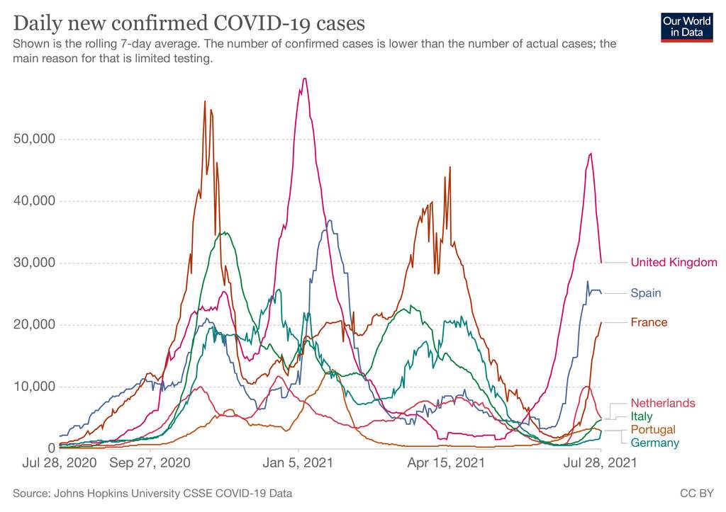 Nombre de nouveaux cas quotidiens entre le 28 juillet 2020 et le 28 juillet 2021. © Our World In Data