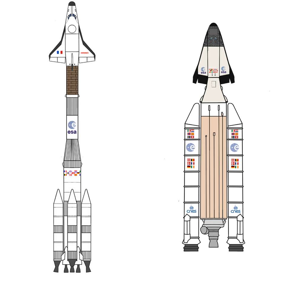 Différents concepts de navette spatiale étudiés dans le cadre du programme Hermès avec les lanceurs Ariane 4 et Ariane 5. © François Leproux