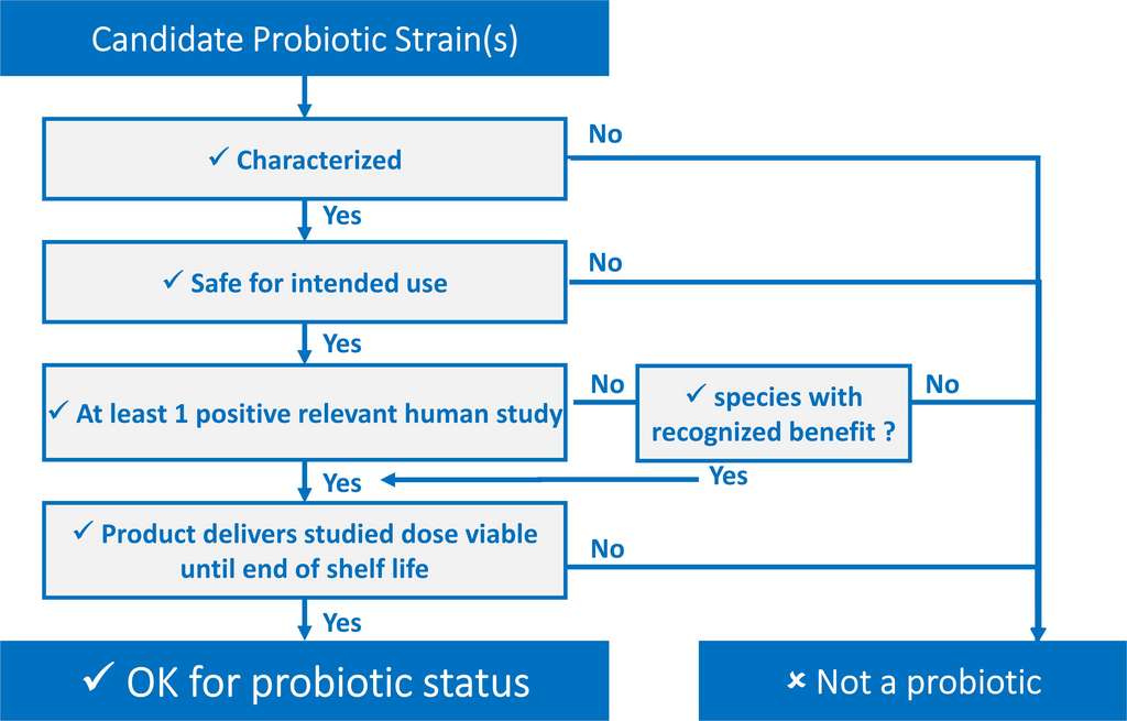 Arbre de décision pour une souche candidate d'une bactérie ou d'une levure à l'obtention du statut de probiotique. © Sylvie Bonda et al. Frontiers in Microbiology
