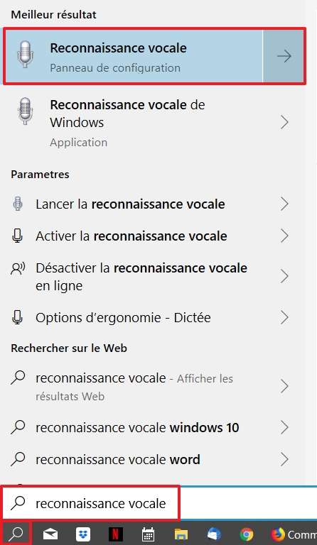 Utilisez le champ de recherche pour trouver les paramètres de reconnaissance vocale. © Microsoft