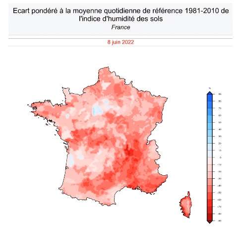 En comparaison, l'humidité des sols au 8 juin : on constate une nette amélioration à l'ouest et au nord. © Météo France