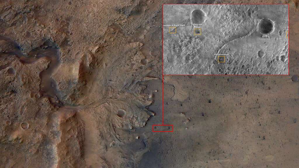 Le cratère Jezero, vu par la sonde Mars Express de l'Agence spatiale européenne et la localisation des différents éléments du rover Perseverance sur une carte acquise par la sonde Mars Reconnaissance Orbiter de la Nasa. On voit bien ici la morphologie du delta sédimentaire © ESA, DLR, FU-Berlin et Nasa-JPL
