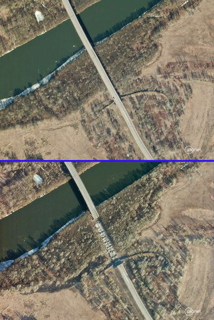 Entre le 26 et le 28 février, destruction d'un pont au-dessus de la rivière Desna à proximité de la localité ukrainienne de Zolotynka. © 2022 Planet Labs PBC
