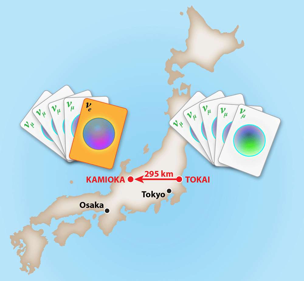 L'expérience T2K au Japon mesure l'apparition de neutrinos électroniques νe dans un faisceau de neutrinos muoniques νμ en raison des oscillations des neutrinos. Un faisceau pur de ces neutrinos part d'une source à Tokai en direction d'un détecteur situé à Kamioka et distant de 295 kilomètres. © APS, Alan Stonebrake