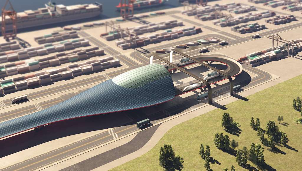 Les ports seront implantés à l’intérieur des terres, libérant ainsi de l’espace en bord de mer. © Hyperloop TT