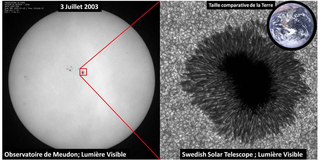 Observations d’une tache solaire à la surface du Soleil avec les télescopes de Meudon et du Swedish Solar Telescope, et comparaison de la taille de cette tache avec celle de la Terre. © Observatoire de Meudon, Swedish Solar Telescope