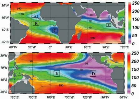 Taux moyen d'oxygène dans l'océan mondial à une profondeur de 400 mètres. Les teneurs les plus faibles sont colorées en bleu, les plus élevées en rouge. Les six lettres A à F indiquent les endroits où les données ont pu être compilées depuis 1960. © L. Stramma et al.