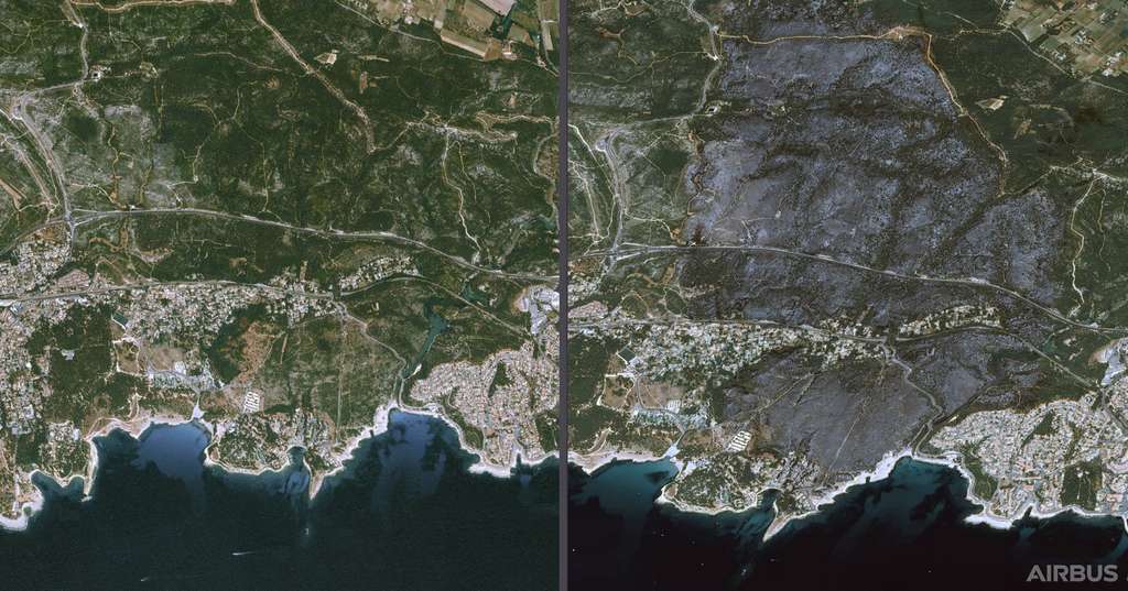Images satellites avant-après sur la zone de Martigues, touchée par un important feu de forêt les 4 et 5 août. © Cnes 2020, Distribution Airbus DS