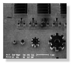 L'image ci-contre montre des exemples de micro-objets obtenus au LURE par le procédé LIGA ; la largeur des dents de la plus petite roue est d'environ 25 microns. Les micro-roues dentées peuvent être assemblées en micro-engrenages, qui sont intégrés dans des micromoteurs potentiellement utilisables en médecine par exemple.