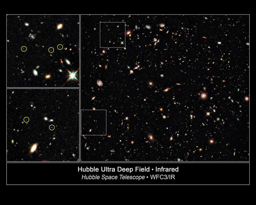 Une image du Hubble Ultra Deep Field. Dans les cercles en blanc se trouvent des galaxies dont le décalage spectral est important. © Nasa-Esa G. Illingworth (UCO/Lick Observatory and University of California, Santa Cruz) and the HUDF09 Team