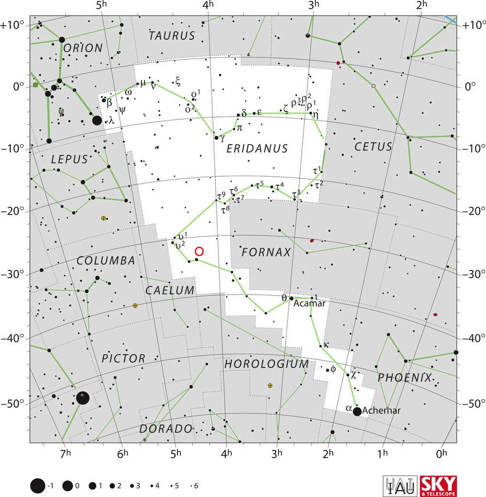Position de TYC 7037-89-1 (rond rouge) dans la constellation de l'Éridan. © IAU and Sky & Telescope magazine (Roger Sinnott & Rick Fienberg)