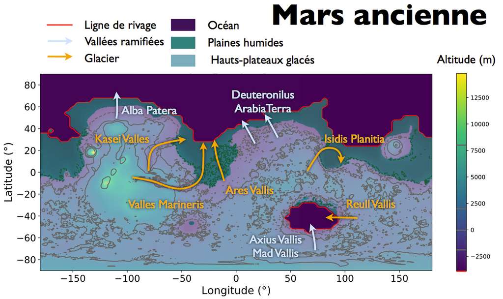 Carte climatique de Mars il y a 3 milliards d’années. Les couleurs indiquent les zones climatiques. Les flèches indiquent les traces de glacier et de réseaux de vallées ramifiées visibles encore actuellement. © F. Schmidt et coll., Pnas, 2022