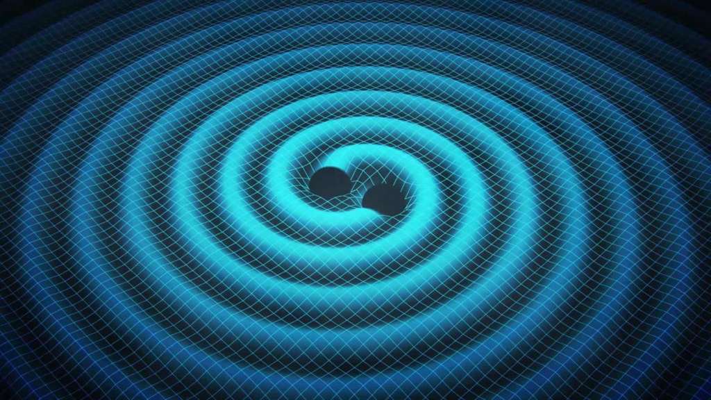 Lorsque deux trous noirs se rapprochent, ces monstres supermassifs créent des ondulations dans l'espace-temps : des ondes gravitationnelles. © Swinburne Astronomy Production