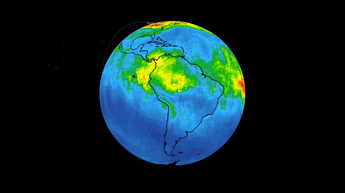 Cette série chronologique montre le monoxyde de carbone associé aux incendies de la région amazonienne au Brésil du 8 au 22 août 2019. Réalisées à partir de données collectées par le sondeur infrarouge atmosphérique (AIRS) du satellite Aqua de la Nasa, les images cartographient le monoxyde de carbone à une altitude d'environ 5.500 mètres. © Nasa, JPL-Caltech, Wikimedia commons, DP