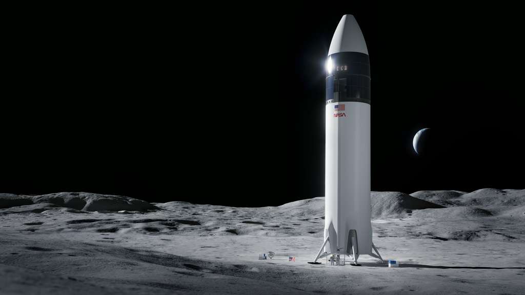 Le Starship HLS, alunisseur sélectionné par la Nasa pour le programme Artemis. Un pari risqué, le Starship n'ayant pas encore effectué de vol orbital… © SpaceX