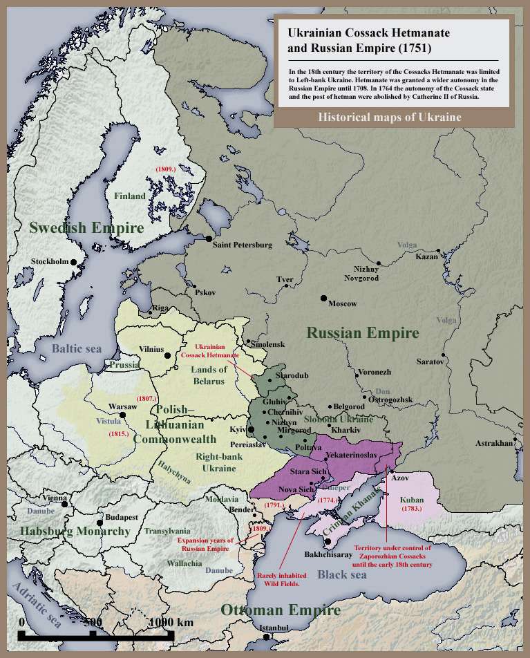 Les territoires cosaques sous l'Empire russe en 1751. © SeikoEn, Wikimedia Commons, CC by-sa 3.0